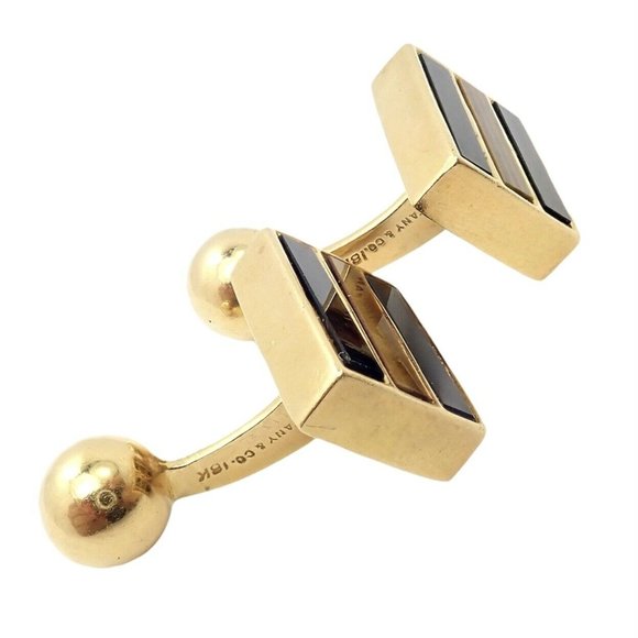 Rare Vintage Tiffany & Co. 18k Yellow Gold Classic Onyx Tiger Eye Cufflinks - Picture 3 of 12